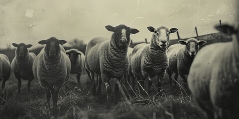 Poster - A group of sheep standing together on a lush, green field