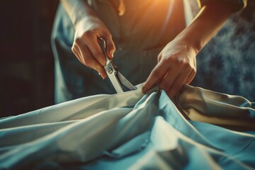 Poster - A close-up shot of someone cutting fabric with scissors, perfect for use in DIY tutorials or fashion-related content