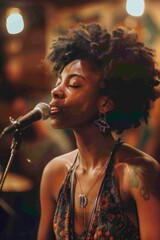 Poster - A woman performs a song into a microphone in a studio setting, suitable for use in music-related contexts