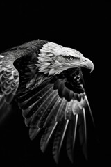 Poster - A black and white photo of an eagle soaring through the air