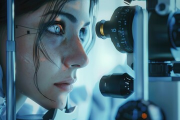 Poster - Scientist studying microscopic specimen, useful for medical or scientific illustration