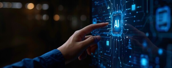 Poster - Businessman interacts with a digital AI icon on a virtual screen, demonstrating AI technology