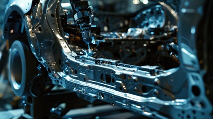 Poster - A close-up of a motorcycle in a manufacturing setting