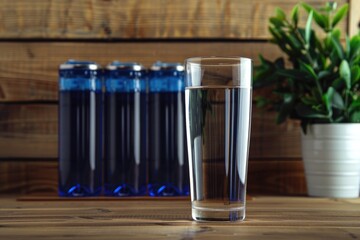 Poster - A glass of water sits next to a potted plant on a table