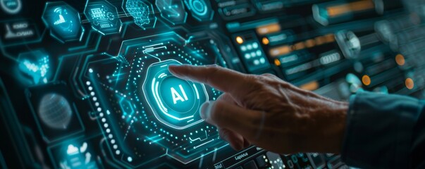 Poster - Businessman touches a digital AI icon on a virtual screen, illustrating AI technology