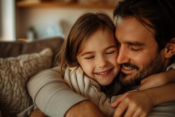 Poster - A man hugs a young girl on a sofa, an intimate moment of affection and love