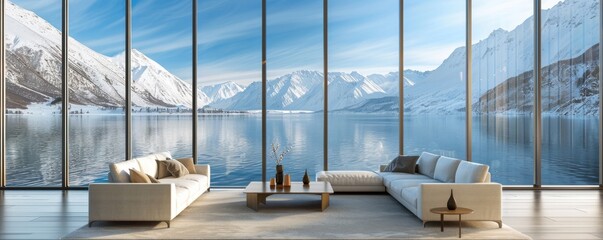 Poster - Minimalist design in a living room with a panoramic window overlooking snowy mountains