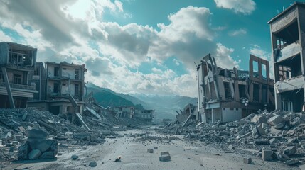 Wall Mural - A street with debris and rubble on the side, ideal for depicting destruction or chaos