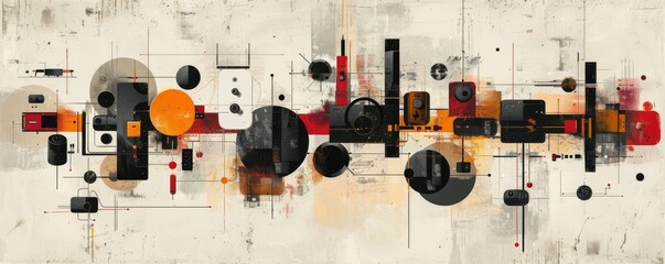 Poster - A digital collage of various electronic devices, such as televisions and headphones, with abstract shapes in black, grey, reds, oranges and yellows. The background is an off-white 