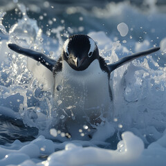 Poster - there is a penguin that is standing in the water with its wings spread