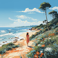 Wall Mural - there is a woman walking on a path near the ocean