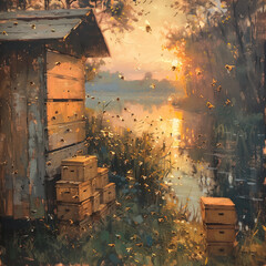 Wall Mural - painting of a painting of a beehive and a beehive house