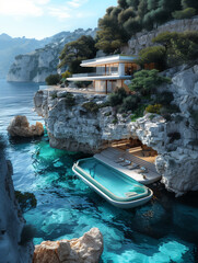 Wall Mural - there is a boat that is floating in the water near a cliff