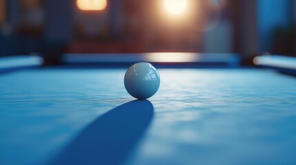 Poster - A white ball sits atop a blue pool table, ready for a game
