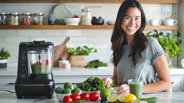 A cheerful woman stands in a modern kitchen, ready to blend a fresh smoothie surrounded by an assortment of colorful fruits and vegetables. The scene radiates health, wellness,