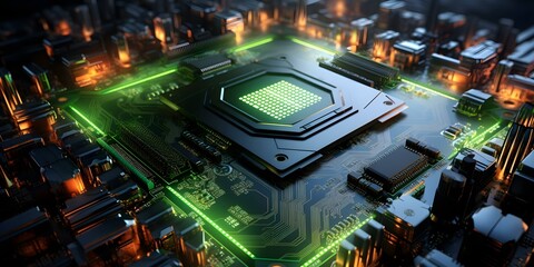 Wall Mural - Exploring Nvidia's CPU Chip on Circuit Board with AI Technology in a Scientific Context. Concept Nvidia, CPU Chip, Circuit Board, AI Technology, Scientific Context