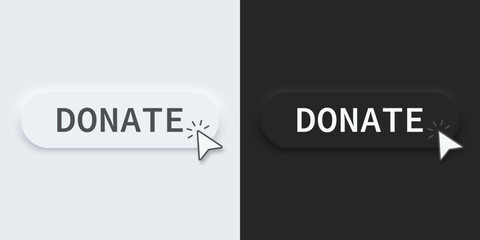 3D Donate button. Click the button donate for donation and charity.  Neumorphic, Neumorphism style. Black and white, vector illustration.