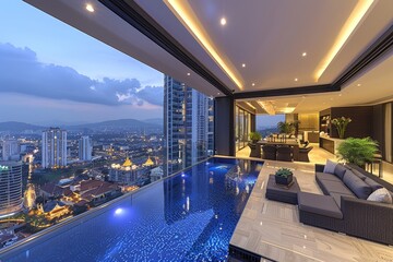 Canvas Print - High rise Apartment Balcony with City Skyline and Infinity Pool View at Dusk