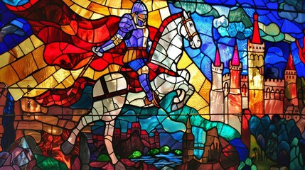 Stained glass window depicting a medieval knight on horseback for historical or religious themed designs
