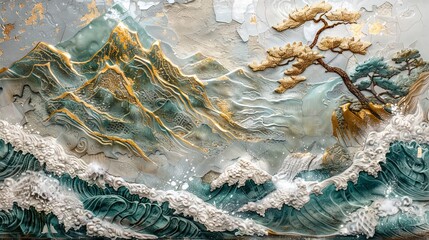 Wall Mural - Japanese-style stucco molding on the wall, bonsai, mountains, sunset.