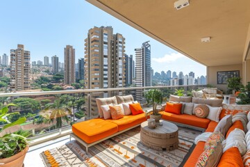 Canvas Print - Spacious Rooftop Terrace with Comfortable Seating and City Skyline View