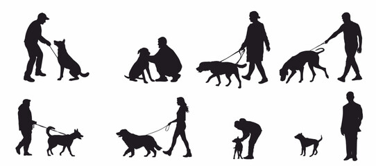 people with dogs silhouette. Man and woman playing with dogs silhouette. 