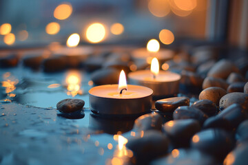 A few candles are lit on a rock. The candles are lit in a way that they are not touching each other

