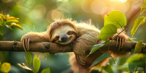 A sloth rests on a branch with green leaves.