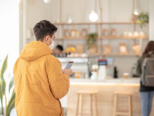 Poster - Young Man Engaged in Mobile Payment at a Tech-Savvy Modern Cafe, Emphasizing Digital Payment Convenience