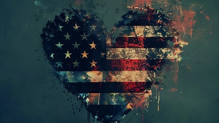 grunge-style heart-shaped american flag with distressed textures, symbolizing patriotism, love, and 