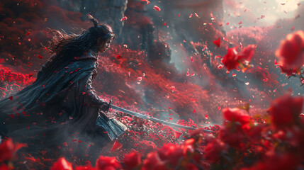 A warrior in a rose garden, wielding a sword