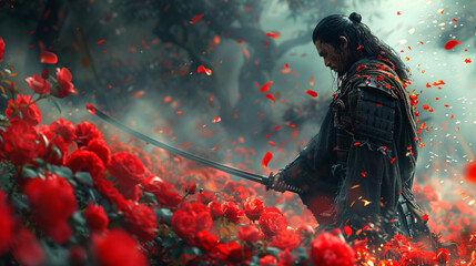 A warrior in a rose garden, wielding a sword