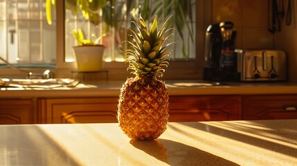 Wall Mural - A pineapple sitting on a kitchen counter, its shadow elongated by the morning sun