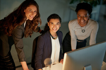 Poster - Computer, collaboration and night with portrait of business people in office for project management. Administration, evening and smile with happy employee group in workplace for design teamwork