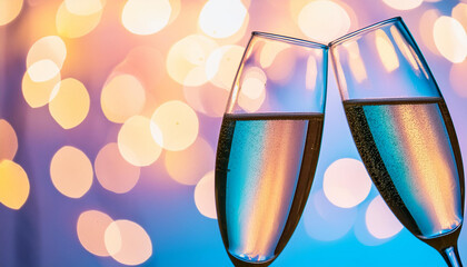 Champagne flutes raised in a toast, set against a vibrant blue abstract background adorned with golden glitter. The scene is enhanced with defocused bokeh lights creating a festive New Year celebratio