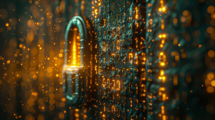 Cybersecurity: Lock and digital code in a firescape. 