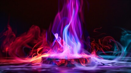 Vivid purple and blue flame in the center of a black backdrop, red flames at the base, and swirling colorful smoke in a photo-realistic image.