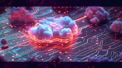 Wall Mural - 3D rendering of a data cloud with a glowing neon padlock icon on top,