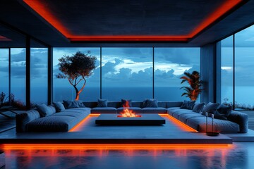 Poster - Modern living room with floor to ceiling windows and vibrant orange lighting, creating a stylish and contemporary interior design