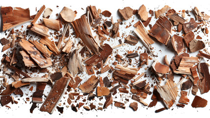 Poster - Wood pieces and dust, crushed tree bark isolated on white background, organic texture, top view --ar 16:9 --style raw --stylize 800 Job ID: 840b9a9d-21f5-4284-bbd7-d9a42d26ed57