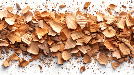 Poster - Wood pieces and dust, crushed tree bark isolated on white background with organic texture top view