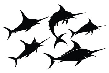 Wall Mural - Set of Sailfish and Marlin Fish black Silhouette Vector Illustration