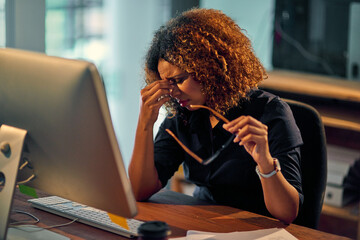 Aufkleber - Businesswoman, burnout and working late night on computer for work deadline with eye strain. Corporate, stress management and office with upset person, mental health issues and tired in company.