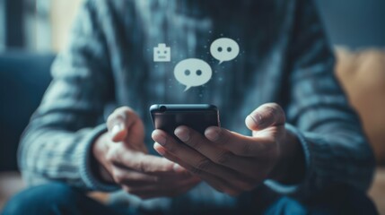 hands of a man holding a smartphone with live chat online communication