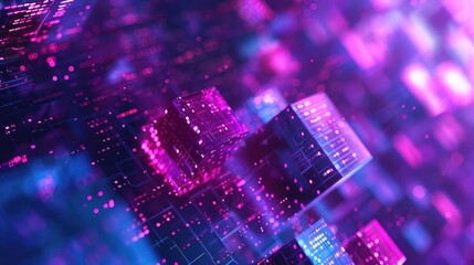 Sticker - Abstract background with cubes and glowing lights in purple and pink colors. Big data technology concept with binary code on a dark blue abstract futuristic cyber space banner design