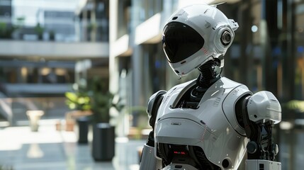 Poster - A sleek, futuristic robot standing in a modern, high-tech environment, representing advanced robotics and AI