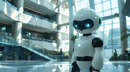 Poster - A sleek, futuristic robot standing in a modern, high-tech environment, representing advanced robotics and AI