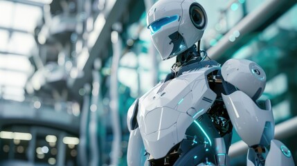 Poster - A sleek, futuristic robot standing in a modern, high-tech environment, representing advanced robotics and AI
