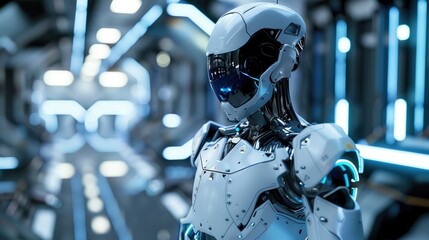 Poster - A sleek, futuristic robot standing in a modern, high-tech environment, representing advanced robotics and AI
