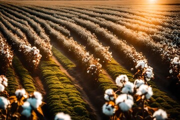 Field of cotton plants with the view of the sun.